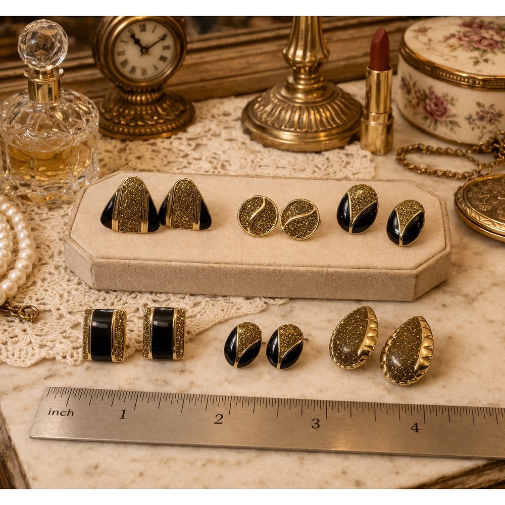Stud Earrings Vintage 80s Gold Tone Black Enamel Glitter Lot 5 Pairs Retro Studs